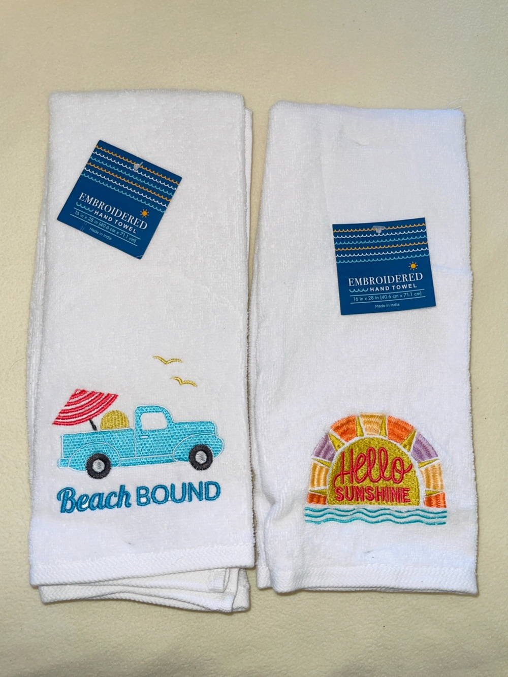 Set of 2 Ritz Embroidered Coastal Hand Towels – "Beach Bound" & "Hello Sunshine"